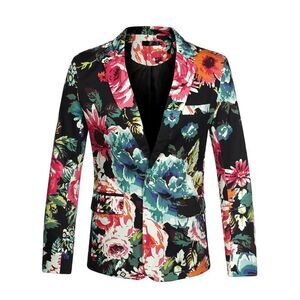 Suit Blazer Slim Fit Floral Printed One Button Prom Jacket Sport Coat Black Blue